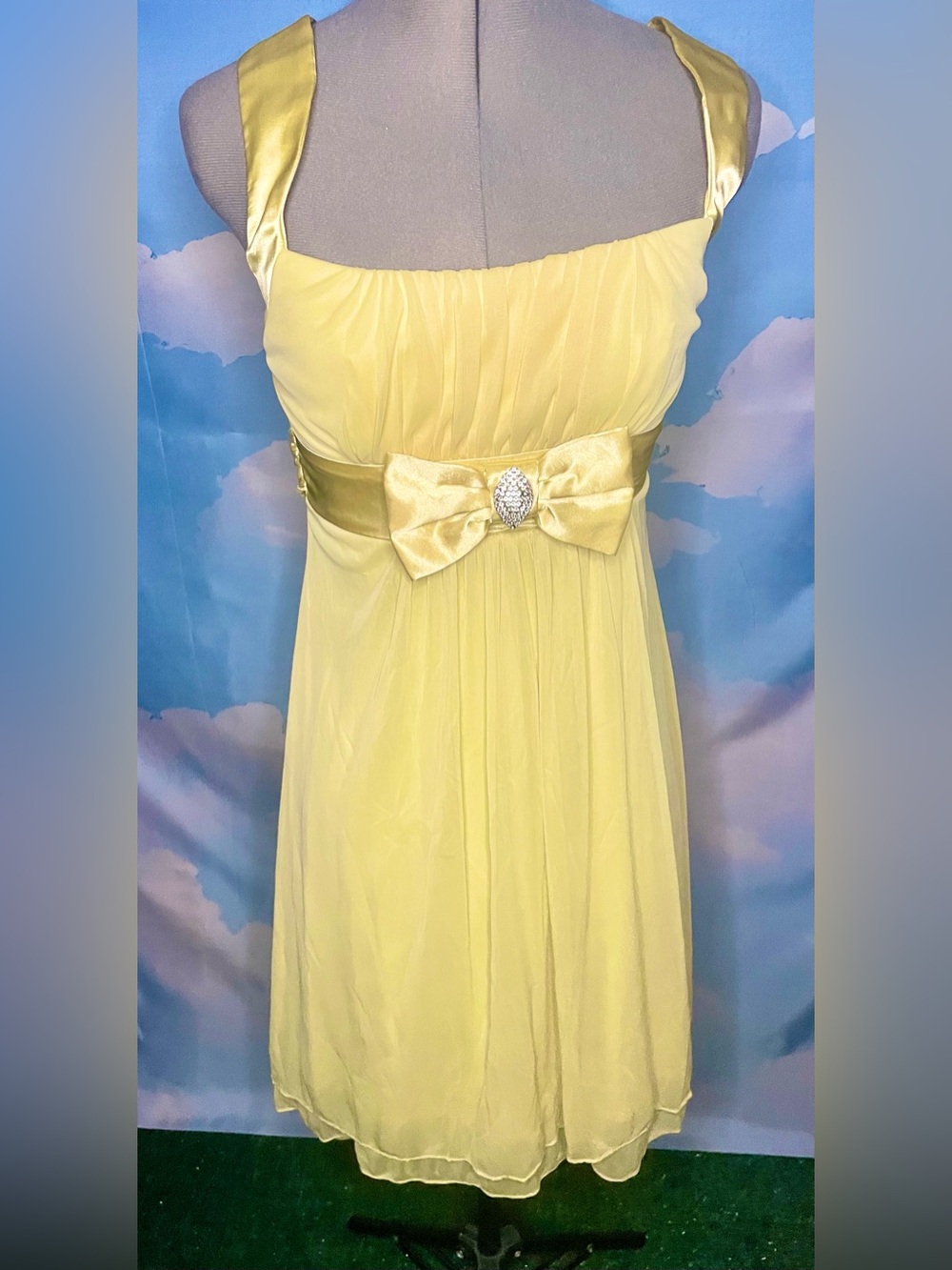 B Darlin Yellow Satin Bow Empire Dress